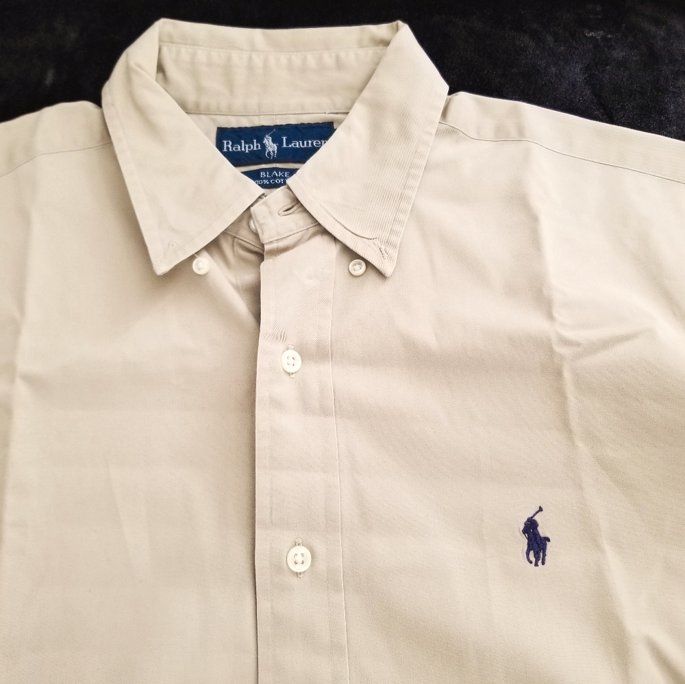 *3-for-$30* Ralph Lauren Polo button up, Tan w Navy pony